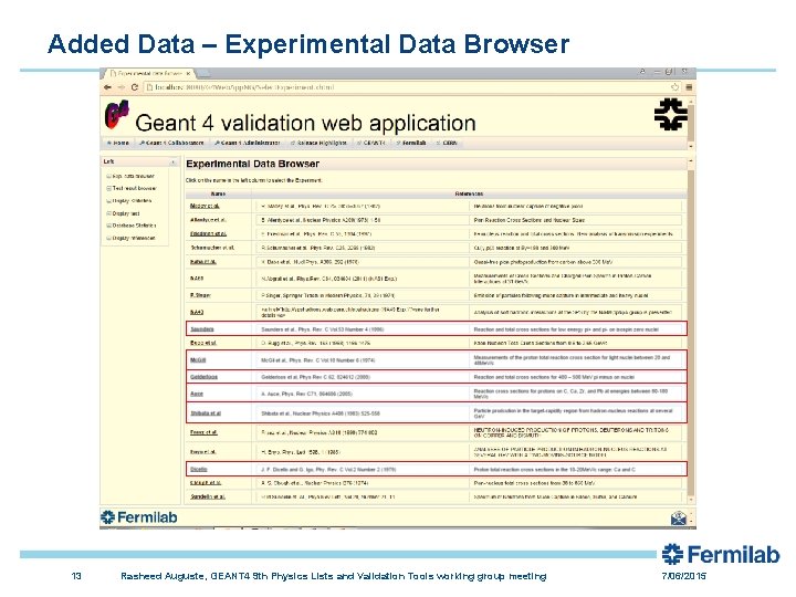 Added Data – Experimental Data Browser 13 Rasheed Auguste, GEANT 4 9 th Physics