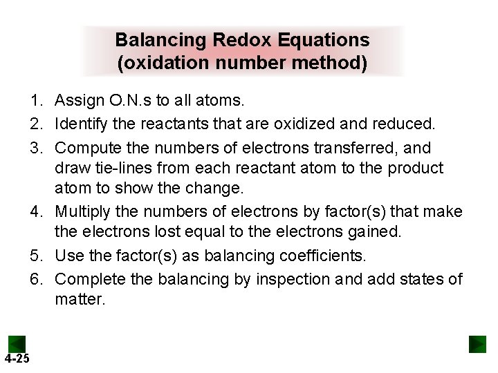 Balancing Redox Equations (oxidation number method) 1. Assign O. N. s to all atoms.