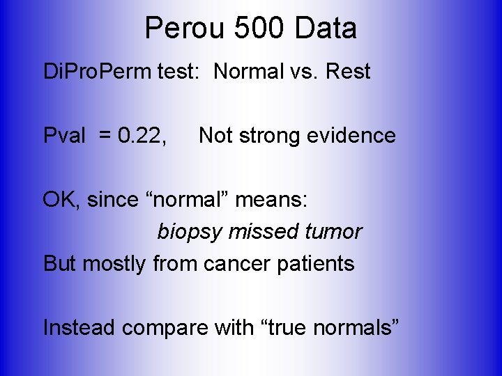 Perou 500 Data Di. Pro. Perm test: Normal vs. Rest Pval = 0. 22,