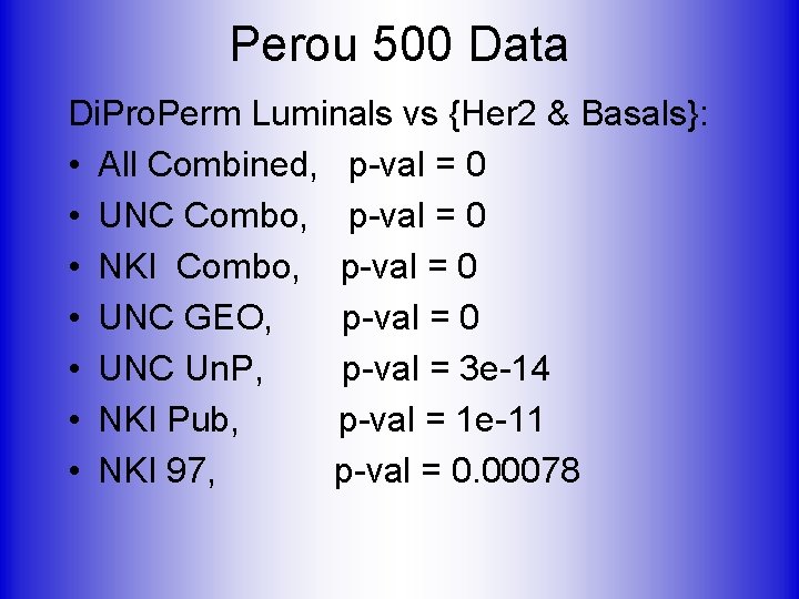 Perou 500 Data Di. Pro. Perm Luminals vs {Her 2 & Basals}: • All