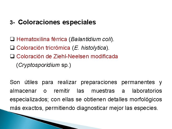 3 - Coloraciones especiales q Hematoxilina férrica (Balantidium coli). q Coloración tricrómica (E. histolytica).