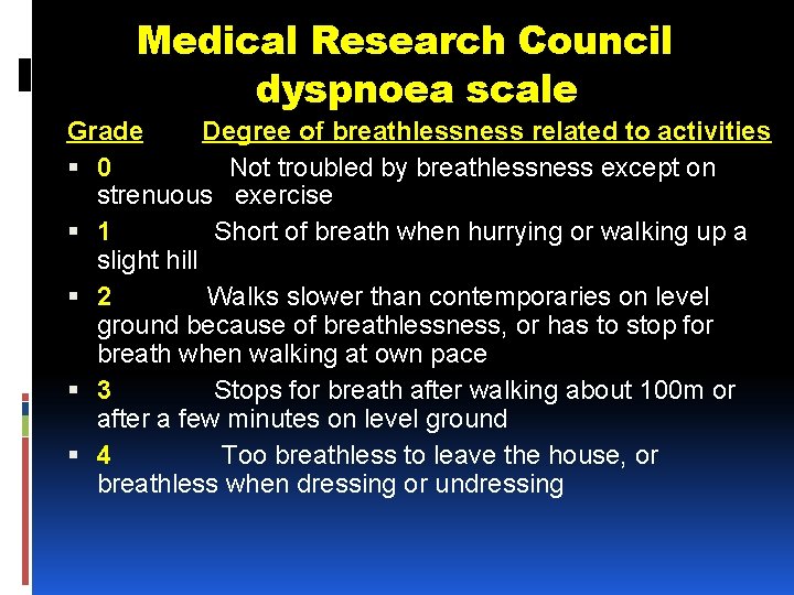 Medical Research Council dyspnoea scale Grade Degree of breathlessness related to activities 0 Not