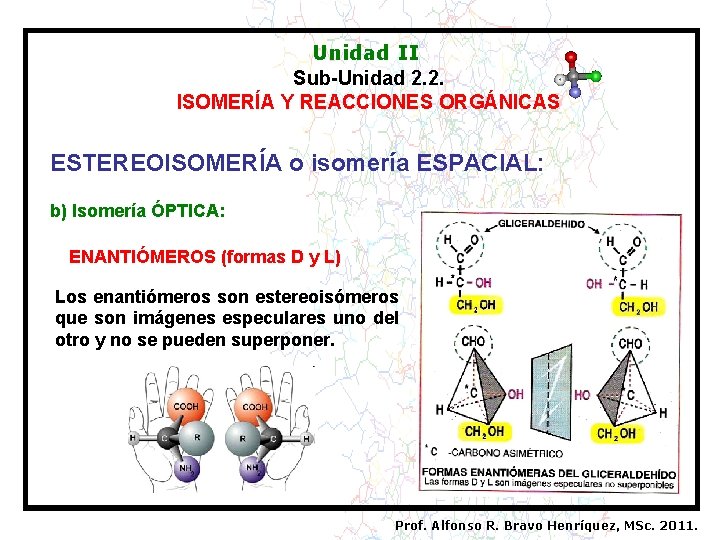 Unidad II Sub-Unidad 2. 2. ISOMERÍA Y REACCIONES ORGÁNICAS ESTEREOISOMERÍA o isomería ESPACIAL: b)