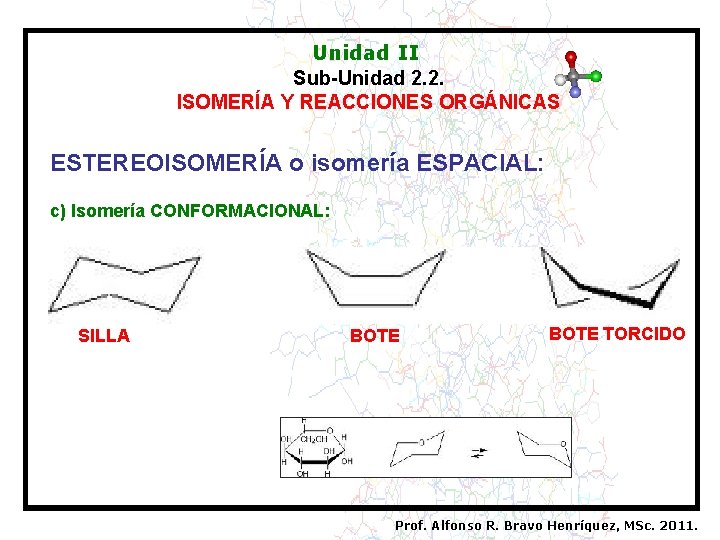 Unidad II Sub-Unidad 2. 2. ISOMERÍA Y REACCIONES ORGÁNICAS ESTEREOISOMERÍA o isomería ESPACIAL: c)