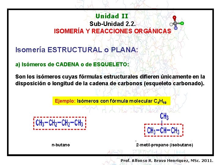 Unidad II Sub-Unidad 2. 2. ISOMERÍA Y REACCIONES ORGÁNICAS Isomería ESTRUCTURAL o PLANA: a)