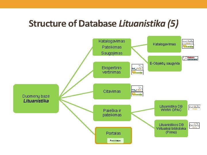 Structure of Database Lituanistika (5) Katalogavimas Pateikimas Katalogavimas Saugojimas Ekspertinis vertinimas E-Objektų saugykla Citavimas