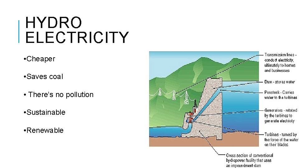 HYDRO ELECTRICITY • Cheaper • Saves coal • There’s no pollution • Sustainable •