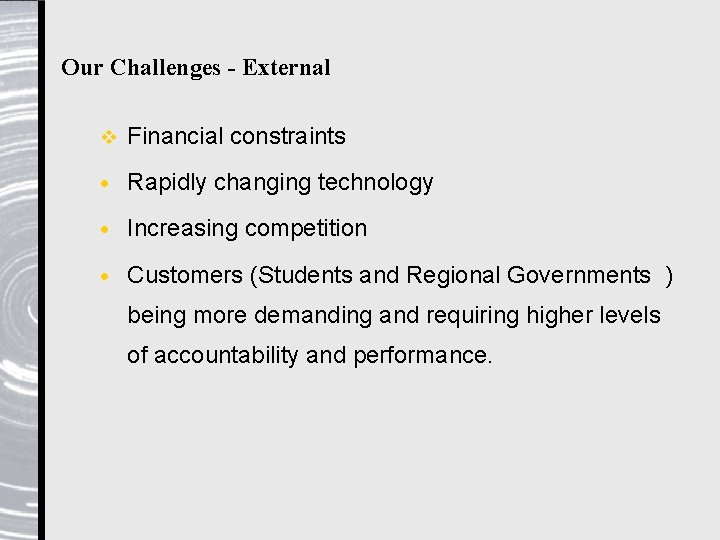 Our Challenges - External v Financial constraints · Rapidly changing technology · Increasing competition