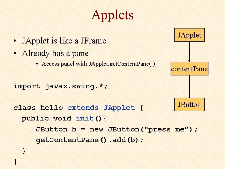 Applets • JApplet is like a JFrame • Already has a panel • Access