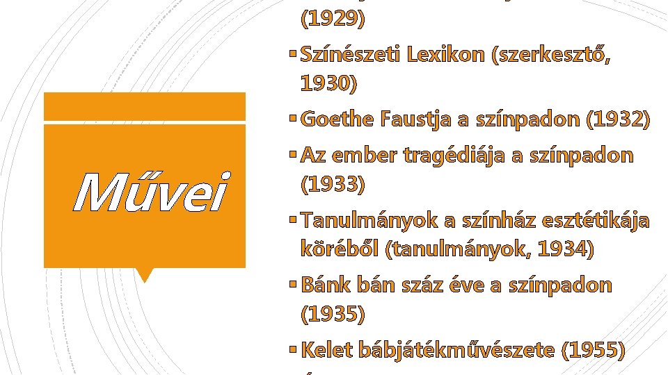 (1929) § Színészeti Lexikon (szerkesztő, 1930) § Goethe Faustja a színpadon (1932) Művei §