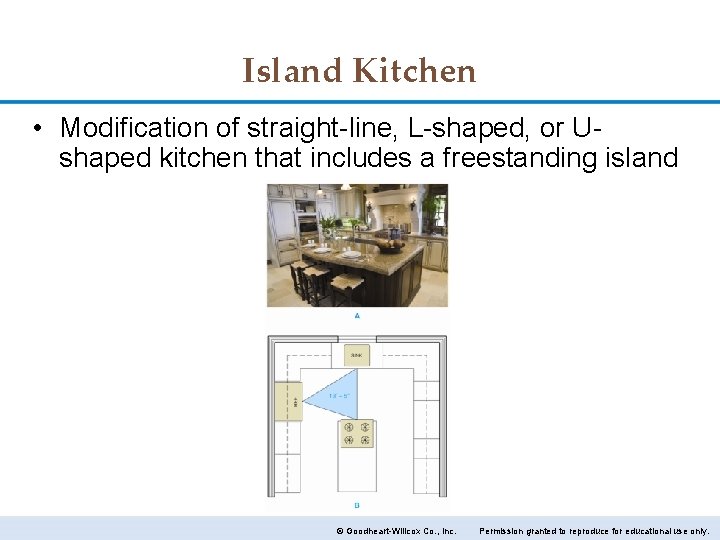 Island Kitchen • Modification of straight-line, L-shaped, or Ushaped kitchen that includes a freestanding