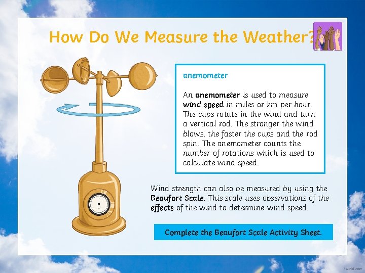 How Do We Measure the Weather? anemometer An anemometer is used to measure wind