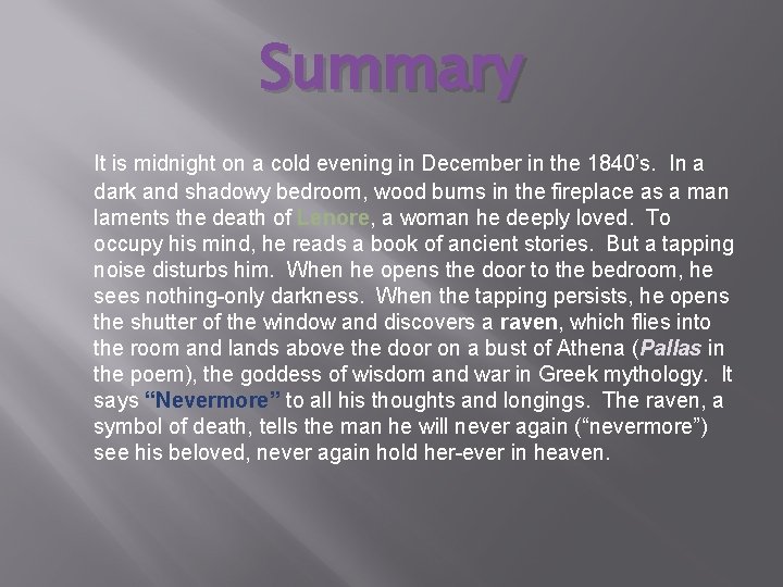 Summary It is midnight on a cold evening in December in the 1840’s. In