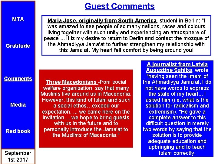 Guest Comments MTA Gratitude Comments Media Red book September 1 st 2017 Maria Jose,