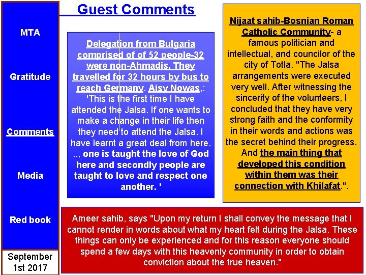 Guest Comments MTA Gratitude Comments Media Red book September 1 st 2017 Delegation from