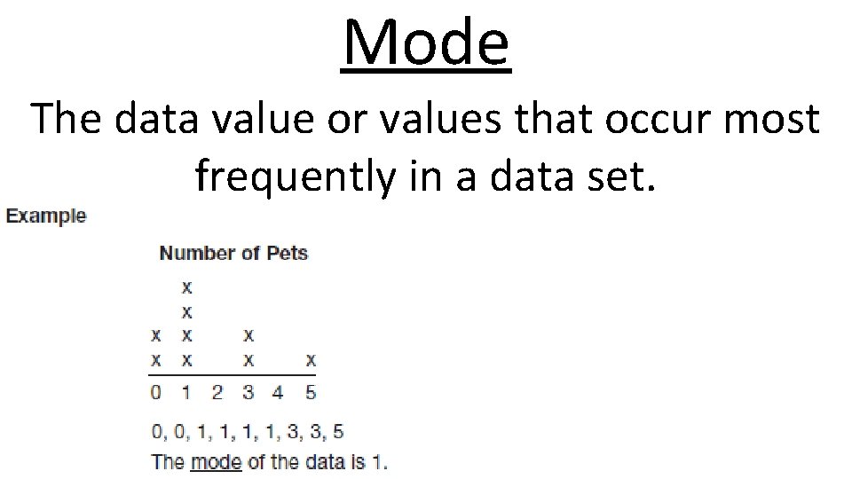 Mode The data value or values that occur most frequently in a data set.