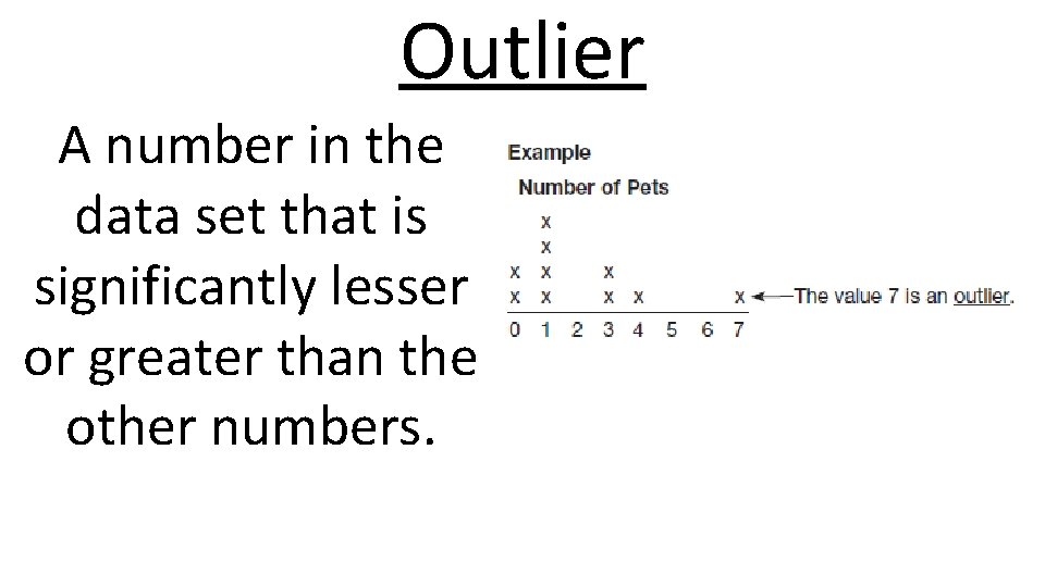 Outlier A number in the data set that is significantly lesser or greater than