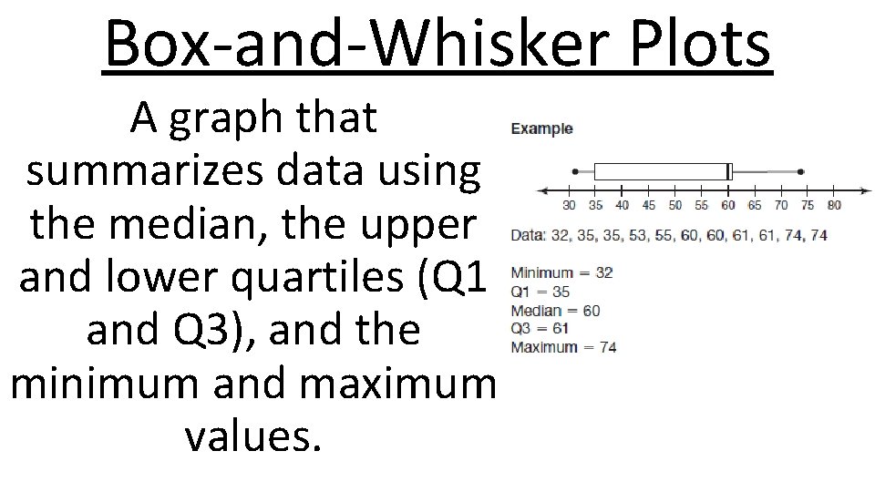 Box-and-Whisker Plots A graph that summarizes data using the median, the upper and lower