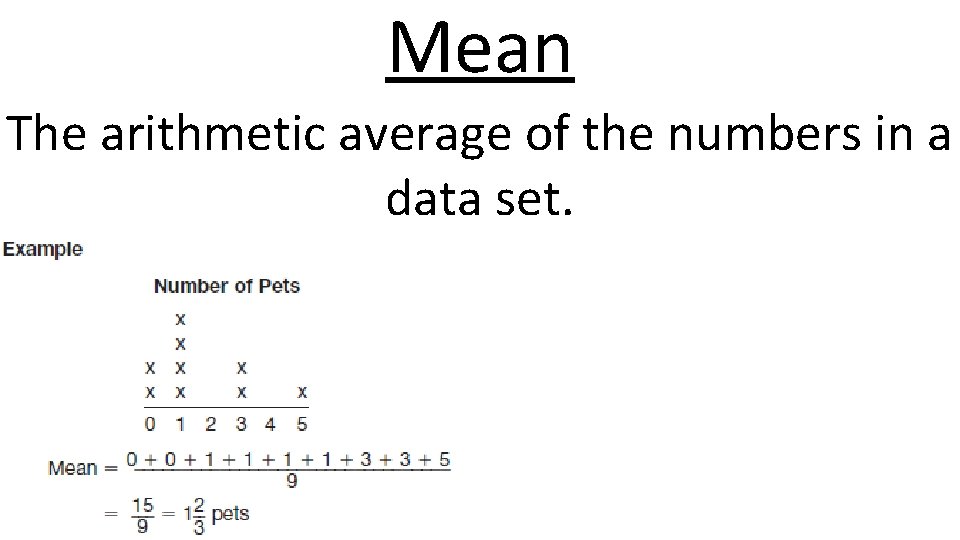 Mean The arithmetic average of the numbers in a data set. 