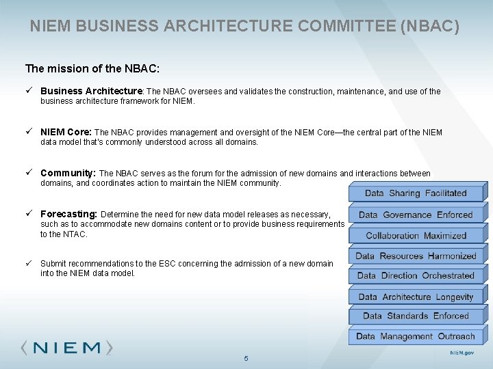 NIEM BUSINESS ARCHITECTURE COMMITTEE (NBAC) The mission of the NBAC: ü Business Architecture: The