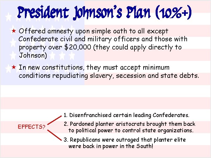 President Johnson’s Plan (10%+) « Offered amnesty upon simple oath to all except Confederate