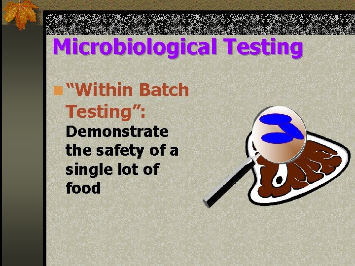 Microbiological Testing n “Within Batch Testing”: Demonstrate the safety of a single lot of