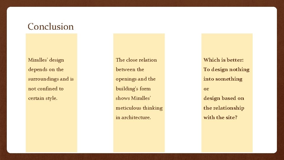 Conclusion Miralles’ design The close relation Which is better: depends on the between the