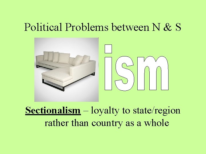Political Problems between N & S Sectionalism – loyalty to state/region rather than country