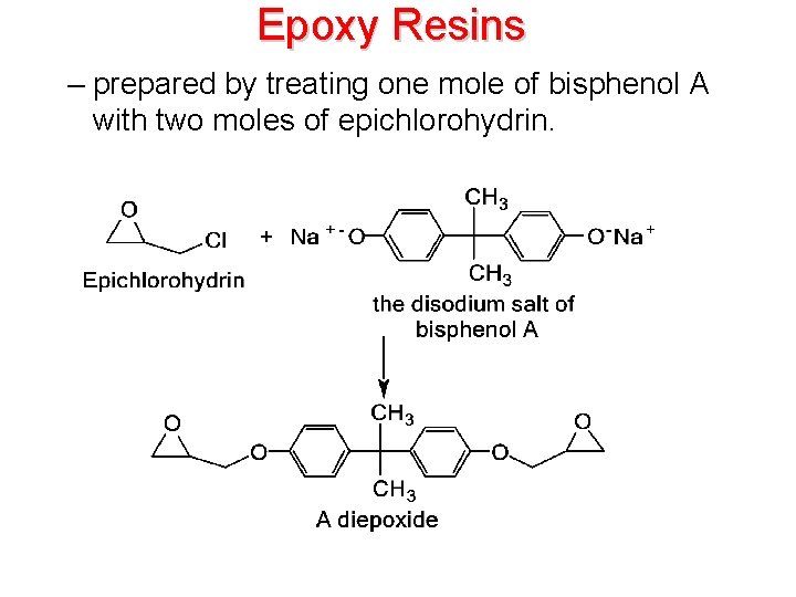 Epoxy Resins – prepared by treating one mole of bisphenol A with two moles