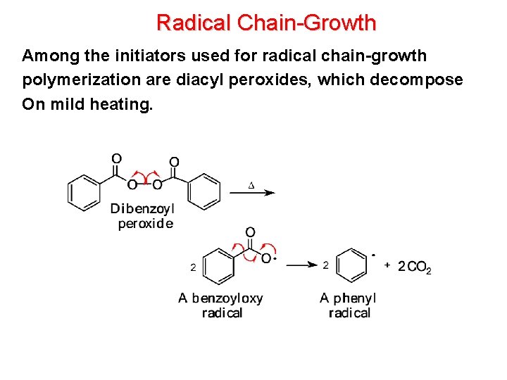 Radical Chain-Growth Among the initiators used for radical chain-growth polymerization are diacyl peroxides, which