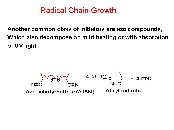Radical Chain-Growth Another common class of initiators are azo compounds, Which also decompose on