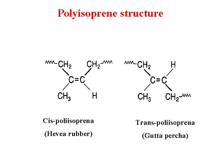 Polyisoprene structure Cis-poliisoprena Trans-poliisoprena (Hevea rubber) (Gutta percha) 
