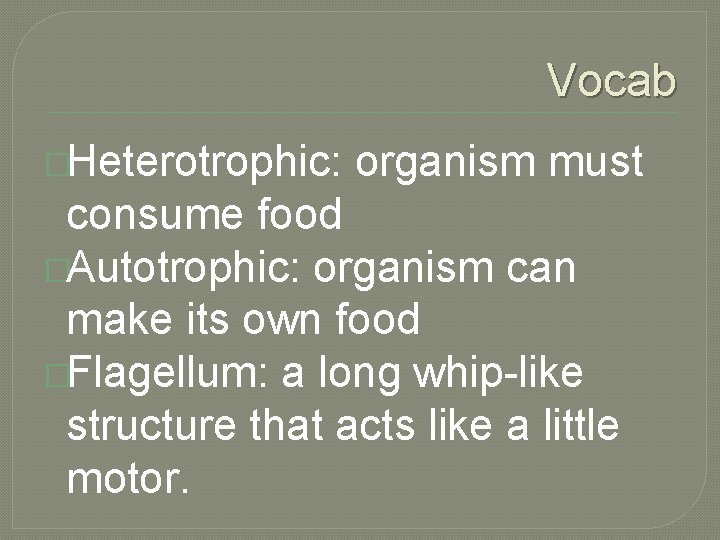 Vocab �Heterotrophic: organism must consume food �Autotrophic: organism can make its own food �Flagellum: