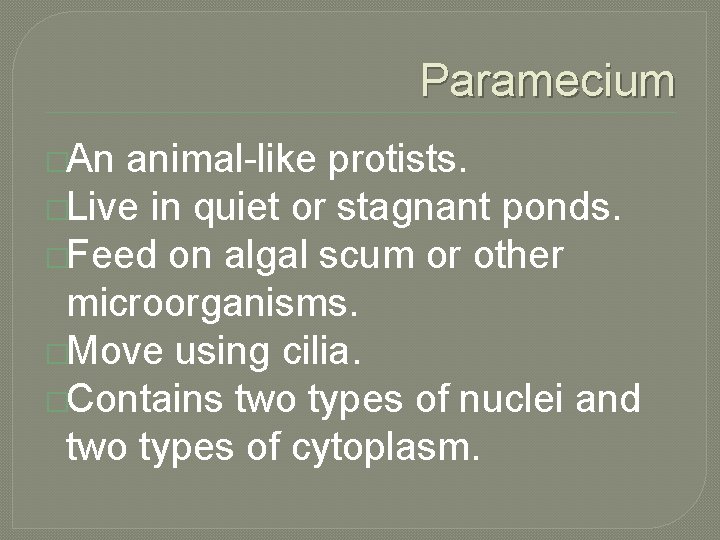 Paramecium �An animal-like protists. �Live in quiet or stagnant ponds. �Feed on algal scum