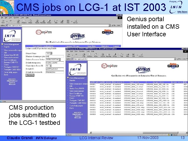 CMS jobs on LCG-1 at IST 2003 Genius portal installed on a CMS User