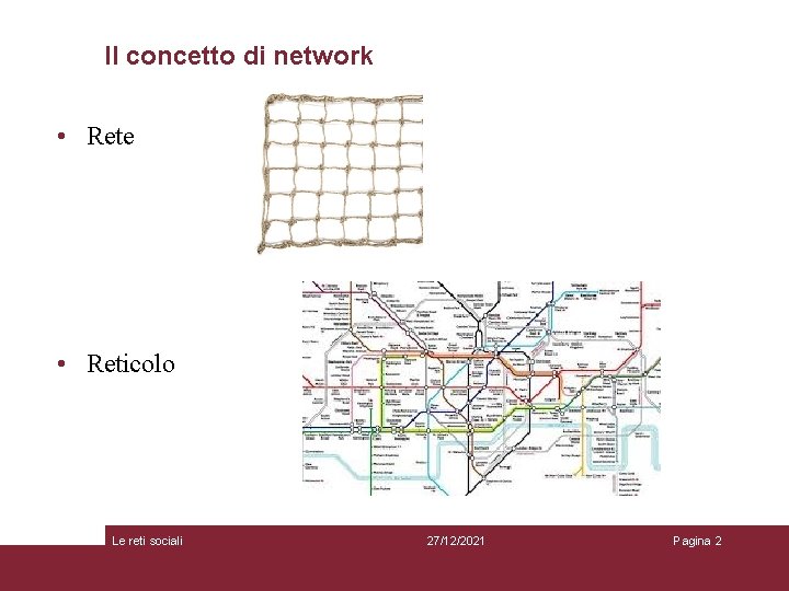 Il concetto di network • Rete • Reticolo Le reti sociali 27/12/2021 Pagina 2