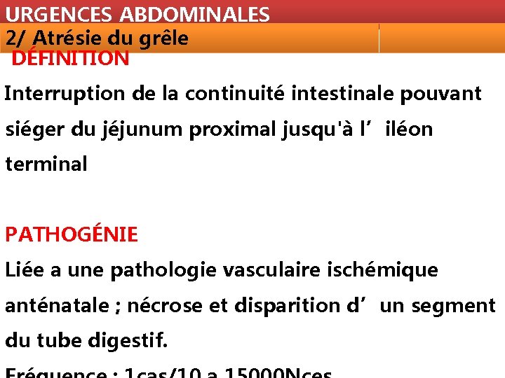 URGENCES ABDOMINALES 2/ Atrésie du grêle DÉFINITION Interruption de la continuité intestinale pouvant siéger