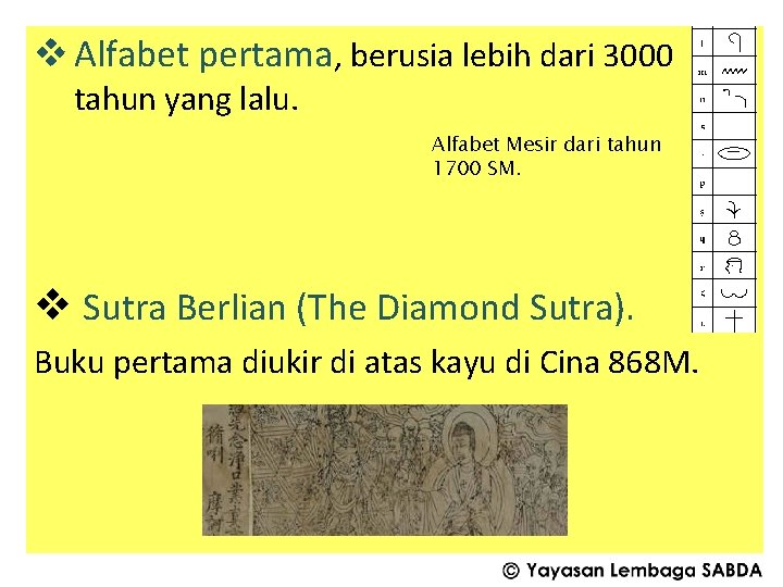 v Alfabet pertama, berusia lebih dari 3000 tahun yang lalu. Alfabet Mesir dari tahun