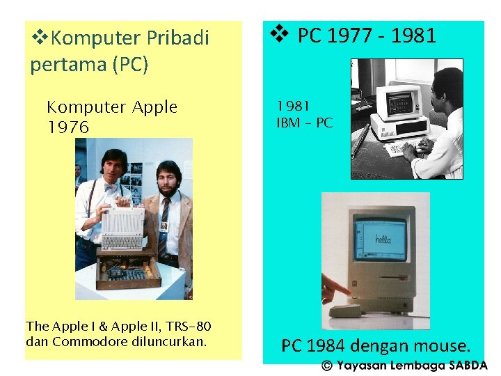 v. Komputer Pribadi pertama (PC) Komputer Apple 1976 The Apple I & Apple II,