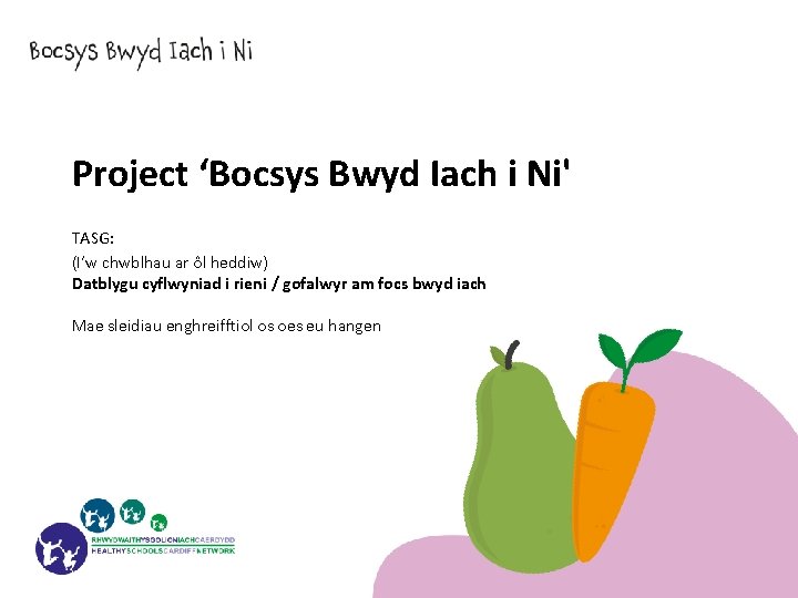 Project ‘Bocsys Bwyd Iach i Ni' TASG: (I’w chwblhau ar ôl heddiw) Datblygu cyflwyniad