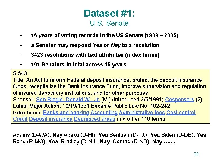 Dataset #1: U. S. Senate • 16 years of voting records in the US