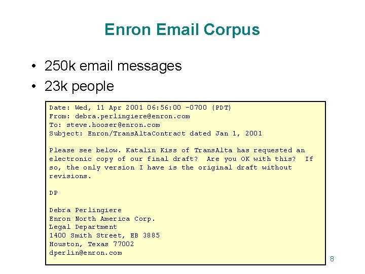 Enron Email Corpus • 250 k email messages • 23 k people Date: Wed,