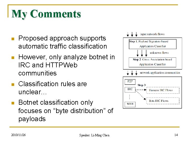 My Comments n Proposed approach supports automatic traffic classification n However, only analyze botnet