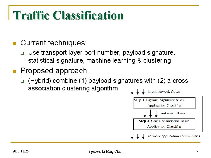 Traffic Classification n Current techniques: q n Use transport layer port number, payload signature,