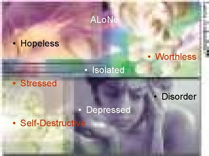 ALo. Ne • Hopeless • Worthless • Isolated • Stressed • Disorder • Depressed