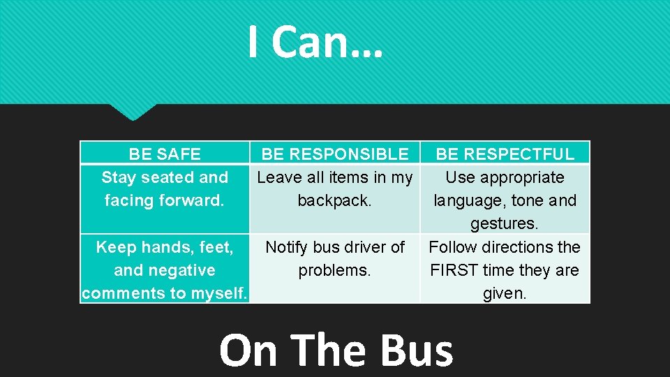 I Can… BE SAFE Stay seated and facing forward. BE RESPONSIBLE Leave all items