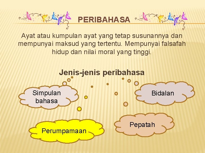 PERIBAHASA Ayat atau kumpulan ayat yang tetap susunannya dan mempunyai maksud yang tertentu. Mempunyai