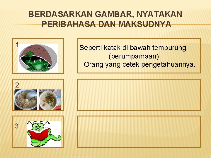 BERDASARKAN GAMBAR, NYATAKAN PERIBAHASA DAN MAKSUDNYA 1. 2 3 Seperti katak di bawah tempurung