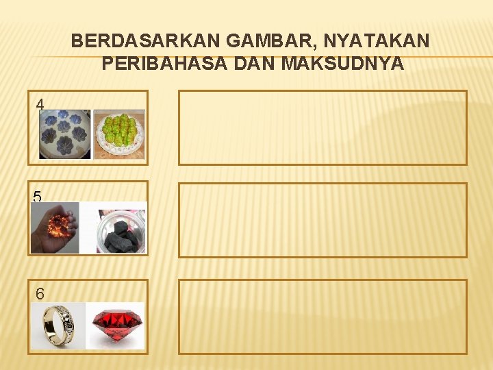 BERDASARKAN GAMBAR, NYATAKAN PERIBAHASA DAN MAKSUDNYA 4 5 6 