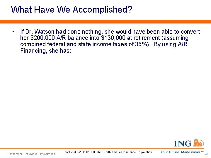 What Have We Accomplished? • If Dr. Watson had done nothing, she would have